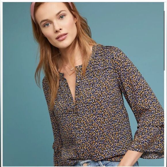 Anthropologie Maeve Berwick Bell Sleeve Button Up Print Blouse - Picture 1 of 12